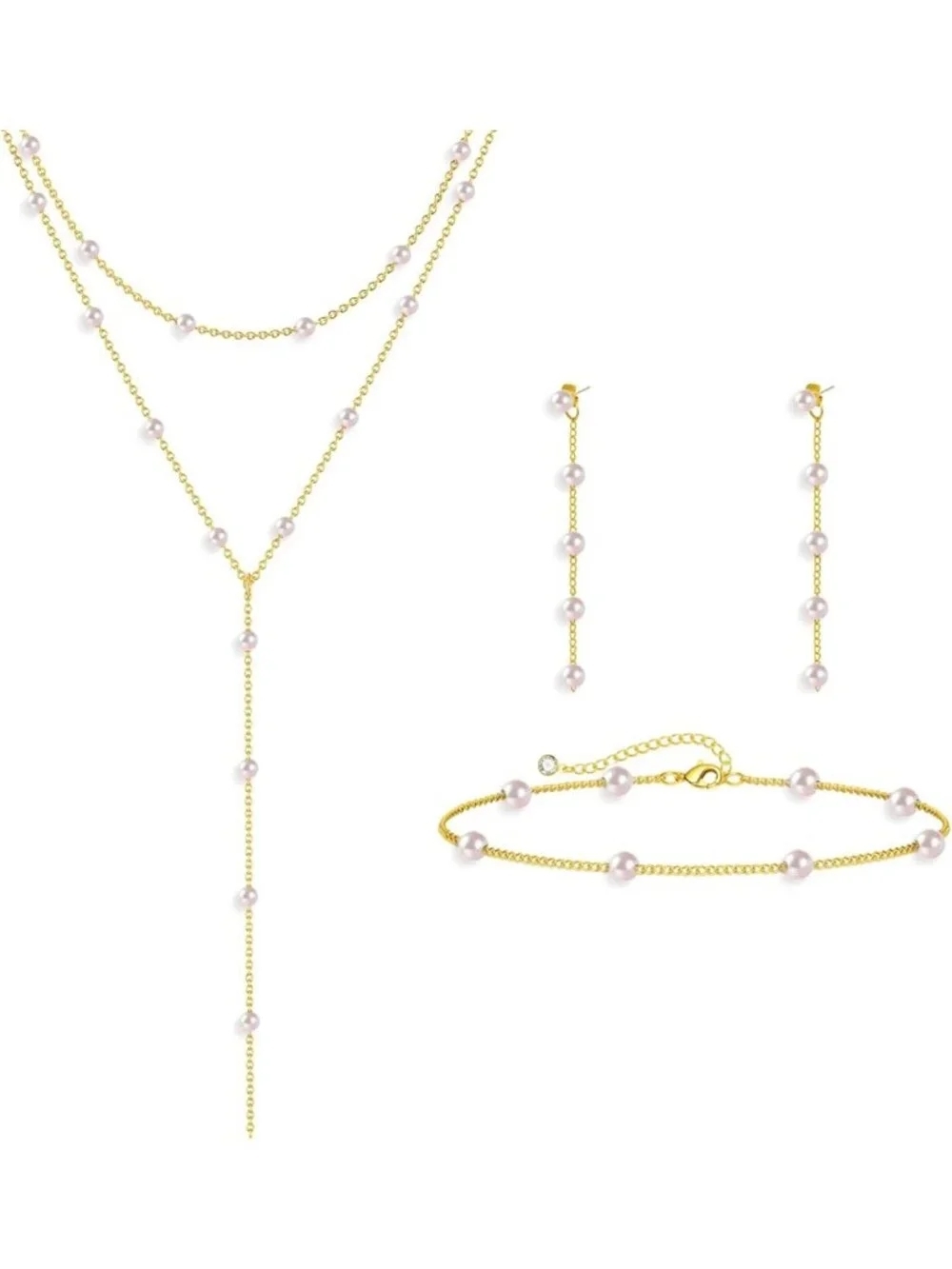 Dainty Gold Pearl Jewelry Set for Women - Choker, Earrings & Bracelet for